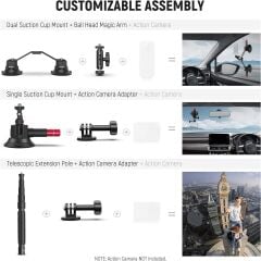 CA065 3 Vantuzlu Aksiyon Kamera Tutucu & Uzatma Kolu 110cm