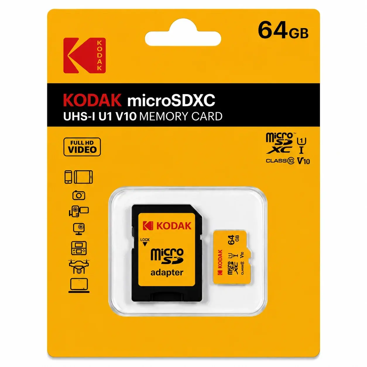 Kodak 64GB UHS-I C10 U1 V10 Micro SD Kart + Adaptör (Sarı)