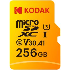Kodak 256GB UHS-I U3/V30/A1 Micro SD Kart + Adaptör (Sarı)