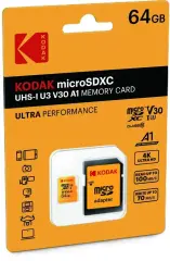 Kodak 64GB UHS-I U3/V30/A1 Micro SD Kart + Adaptör (Sarı)