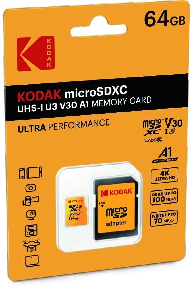 Kodak 64GB UHS-I U3/V30/A1 Micro SD Hafıza Kartı + Adaptör (Sarı)