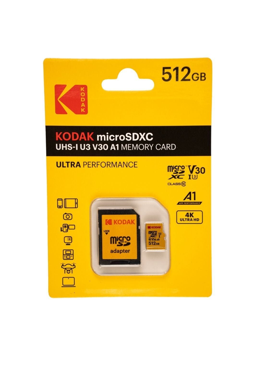 Kodak 512GB UHS-I U3/V30/A1 Micro SD Hafıza Kartı + Adaptör (Sarı)