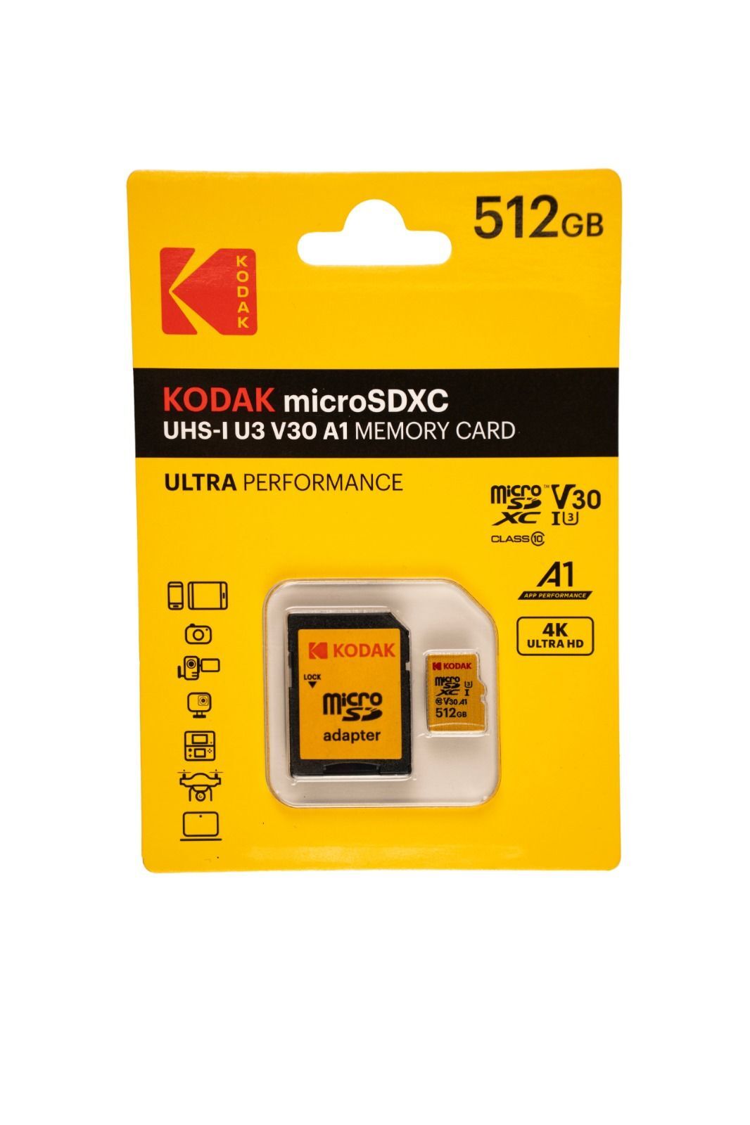 Kodak 512GB UHS-I U3/V30/A1 Micro SD Hafıza Kartı + Adaptör (Sarı)