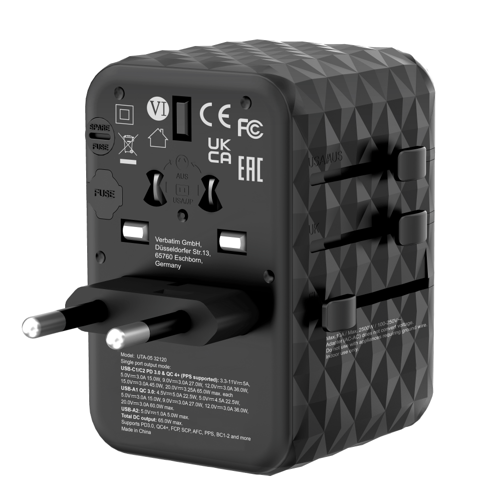 VERBATIM 32120 - V GAN3 UNIVERSAL TRAVEL ADAPTER UTA-05 Evrensel Seyahat Adaptörü 65W