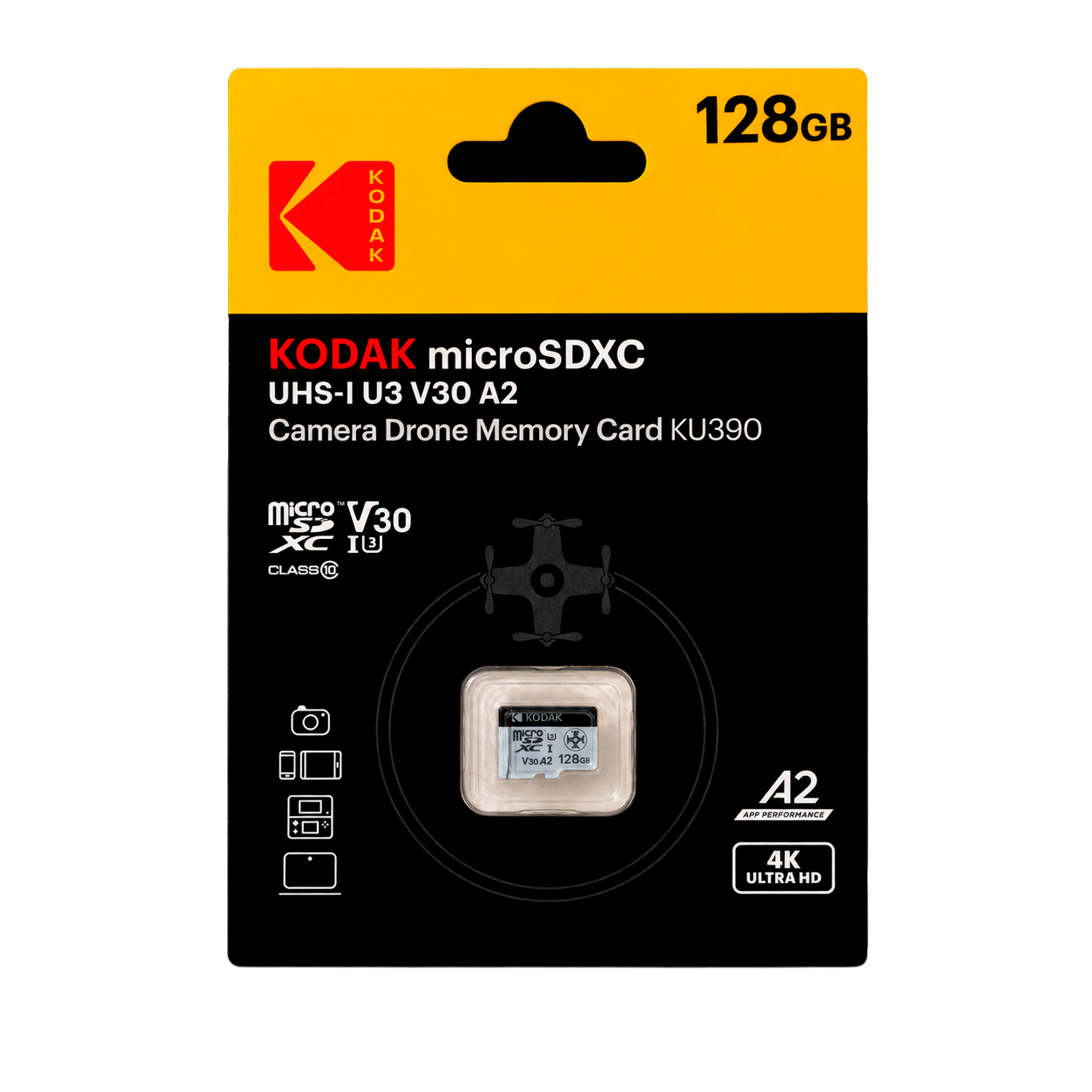 Kodak 128GB UHS-I U3/V30/A2 Drone İçin Micro SD Kart KU390 (Pocket Kameralarla Uyumlu) (160MB/s - 145MB/s)