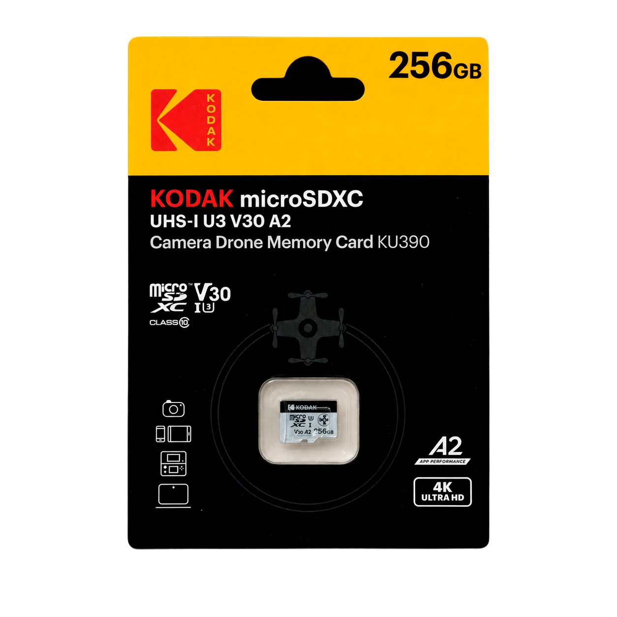 Kodak 256GB UHS-I U3/V30/A2 Drone İçin Micro SD Kart KU390 (Pocket Kameralarla Uyumlu) (160MB/s - 145MB/s)
