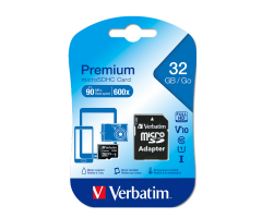 Verbatim 32GB 90Mb/S Premium U1 Micro Sdhc Class 10 (inc Adaptor)(44083)