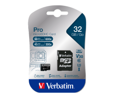 Verbatim 32GB Pro U3 Micro Sdhc Class 10 Uhs-i (inc Adaptor) (90Mb/Sn. - 45Mb/Sn.)(47041)