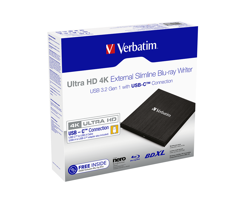Verbatim Ultra Hd 4K External Slimline Blu-Ray Writer Usb 3.2 Gen 1/Usb-C(43888)