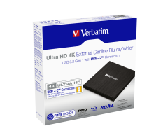 Verbatim Ultra Hd 4K External Slimline Blu-Ray Writer Usb 3.2 Gen 1/Usb-C(43888)