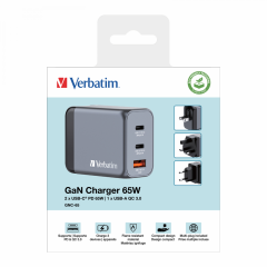 Verbatim 65W GAN Hızlı Şarj 3-Bağlantı Noktalı 2 x Usb-C® PD 65W / 1 x Usb-A QC 3.0-(32201)