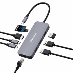 Verbatim 9 Port Usb C Bağlantılı Çoklayıcı Hub 1 x HDMI, 1 x RJ45, 2 x USB-C 3.2 Gen2, 1 x Usb-A 3.2 Gen2, 2 x USB-A 3.2 Gen1,