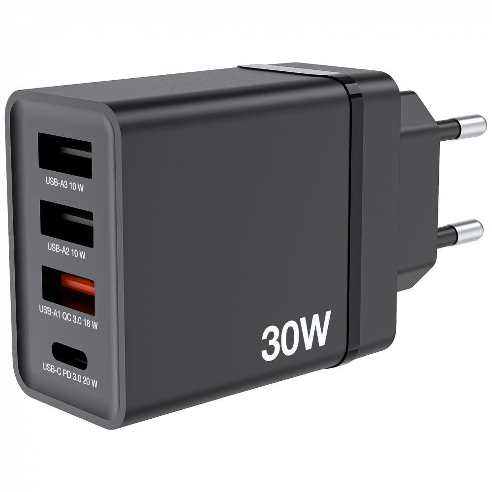 Verbatim 30W 4 Bağlantılı Usb Şarj Cihazı Siyah  1x Usb-C® PD 20W / 1 x Usb-A QC 3.0 / 2 x Usb-A 10W (AB)-(49700)