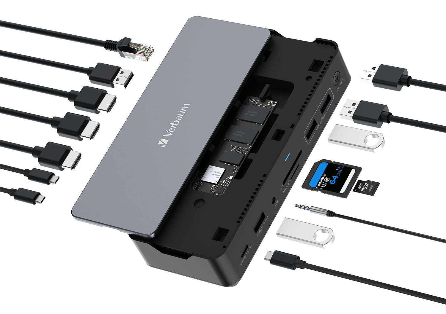 Verbatim 15 Port USB-C Bağlantılı Çoklayıcı SSD Yuvalı Dock 2x HDMI, 1x D Port,1x RJ45, 1x Usb-A 3.2 Gen2, 2x Usb-A 3.2(32174)