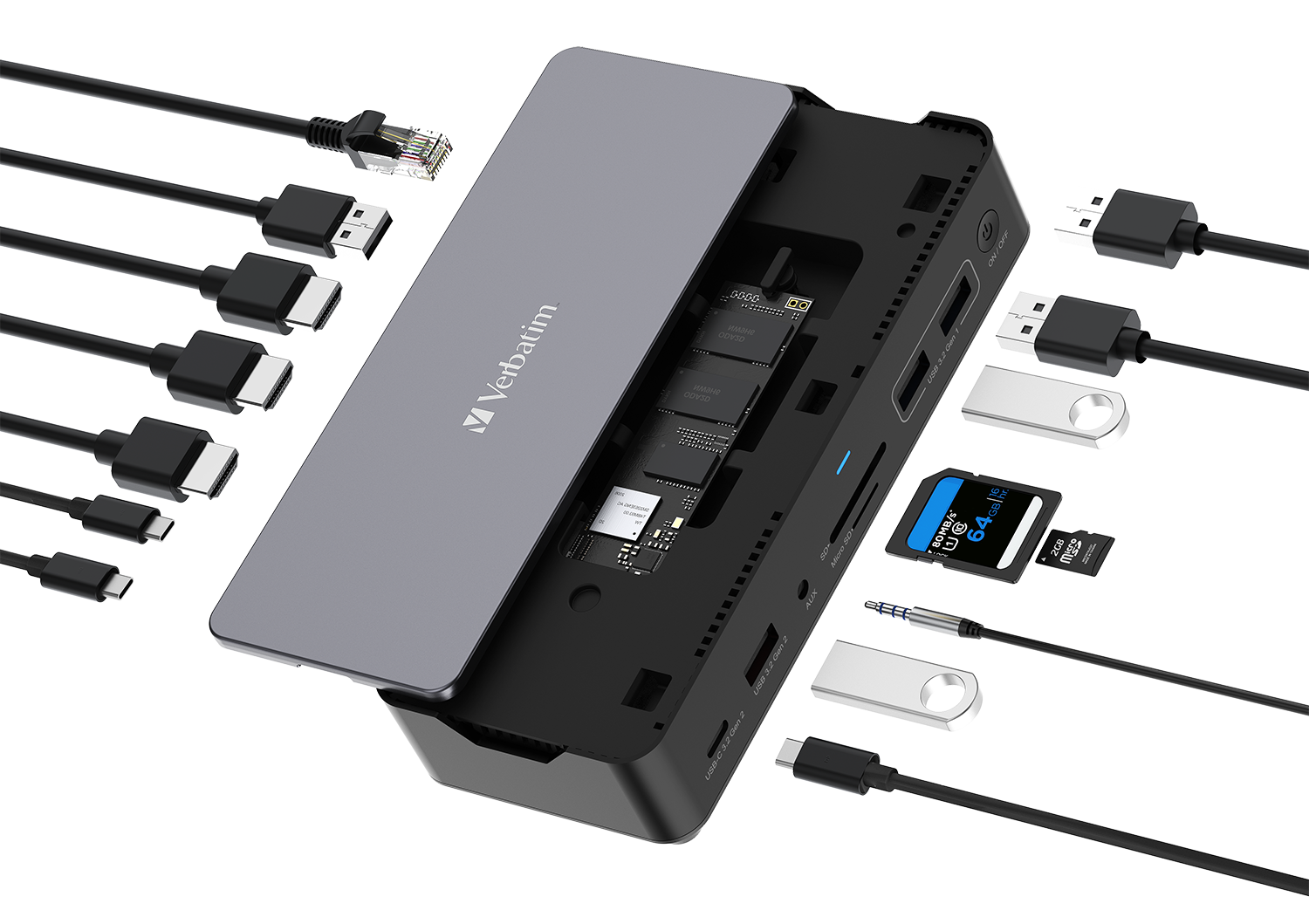 Verbatim 15 Port USB-C Bağlantılı Çoklayıcı SSD Yuvalı Dock 2x HDMI, 1x D Port,1x RJ45, 1x Usb-A 3.2 Gen2, 2x Usb-A 3.2(32174)