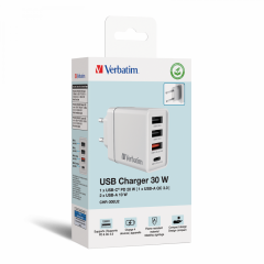 Verbatim 30W 4 Bağlantılı Usb Şarj Cihazı Beyaz 1x Usb-C® PD 20W / 1 x Usb-A QC 3.0 / 2 x Usb-A 10W (AB)-(49701)