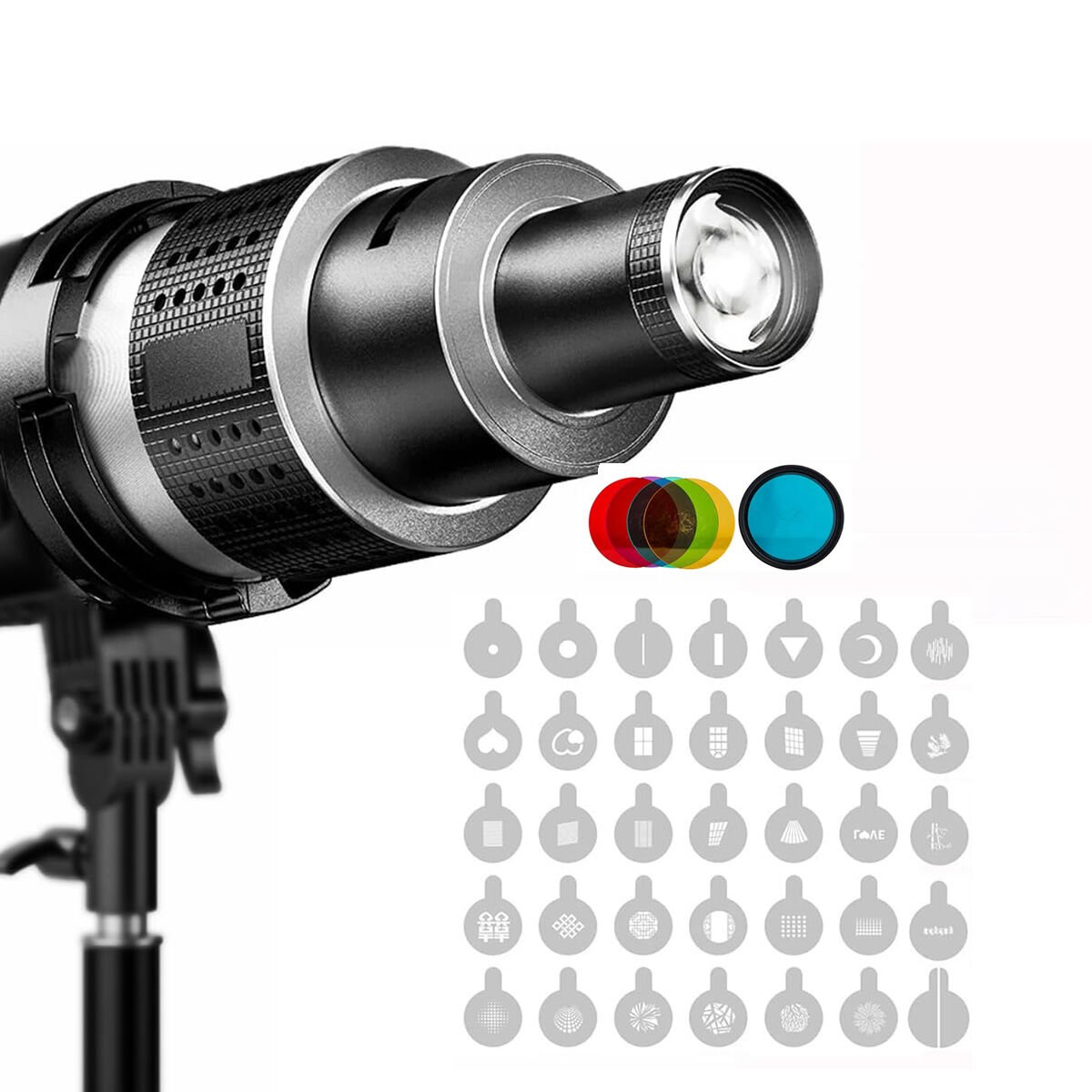 GDX SN-02 120mm Optik Snoot Bowens Bağlantılı 35 Desen Kartlı 5 Renkli Filtreli